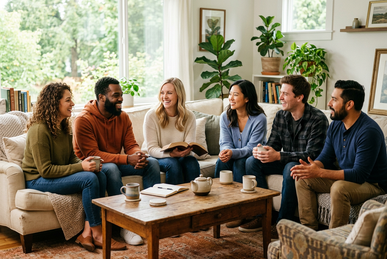A diverse group of young Christian adults laughing together over coffee with an open Bible during a small group gathering